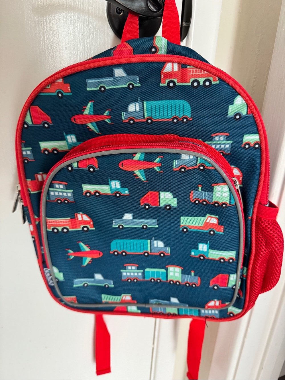Children's Navy and Red Vehicle Print Backpack - Fun Transport Design